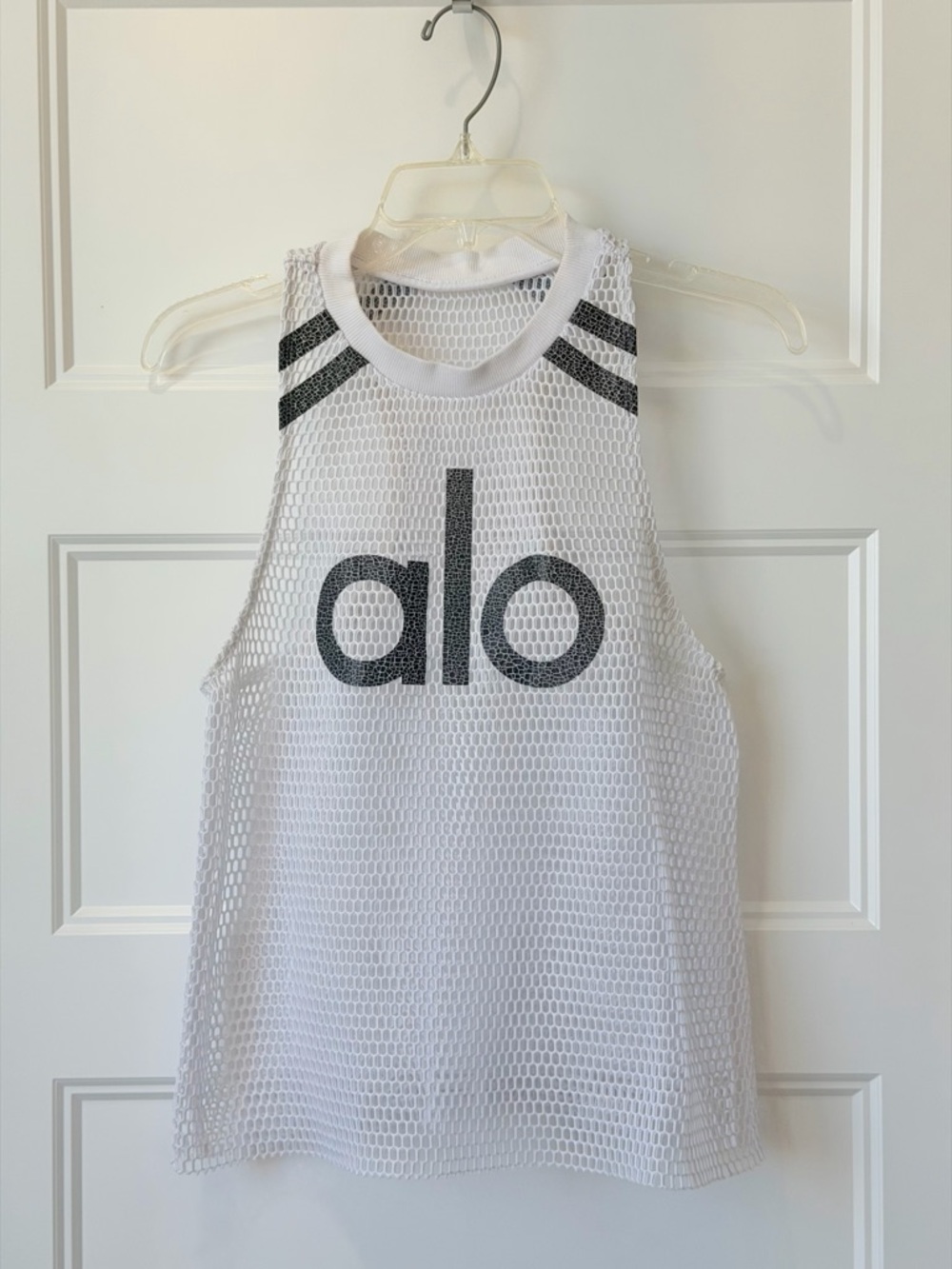 ALO Yoga White Mesh Jersey with Black Logo
